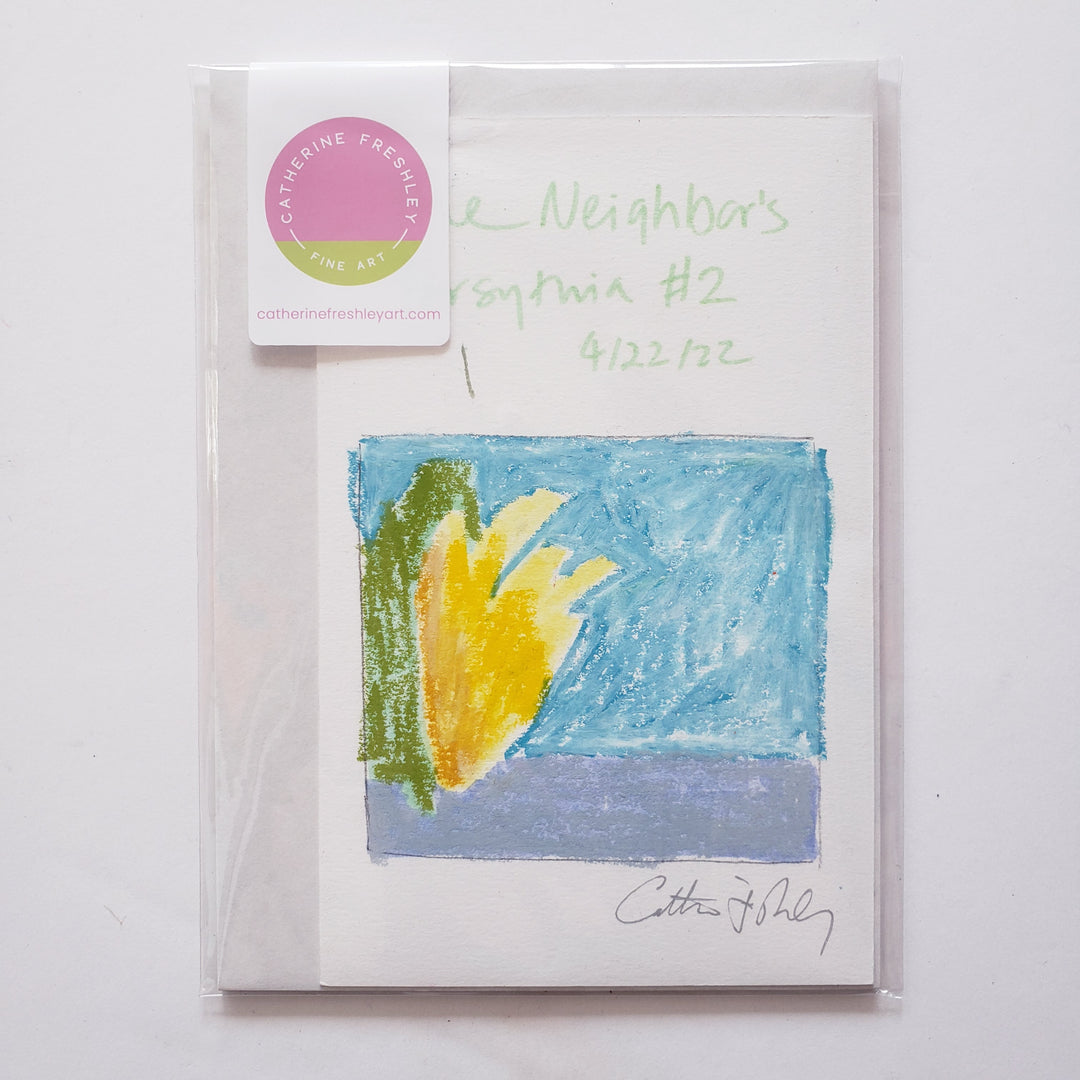 The Neighbor's Forsythia #2 - Original, 4"x6" mixed media drawing