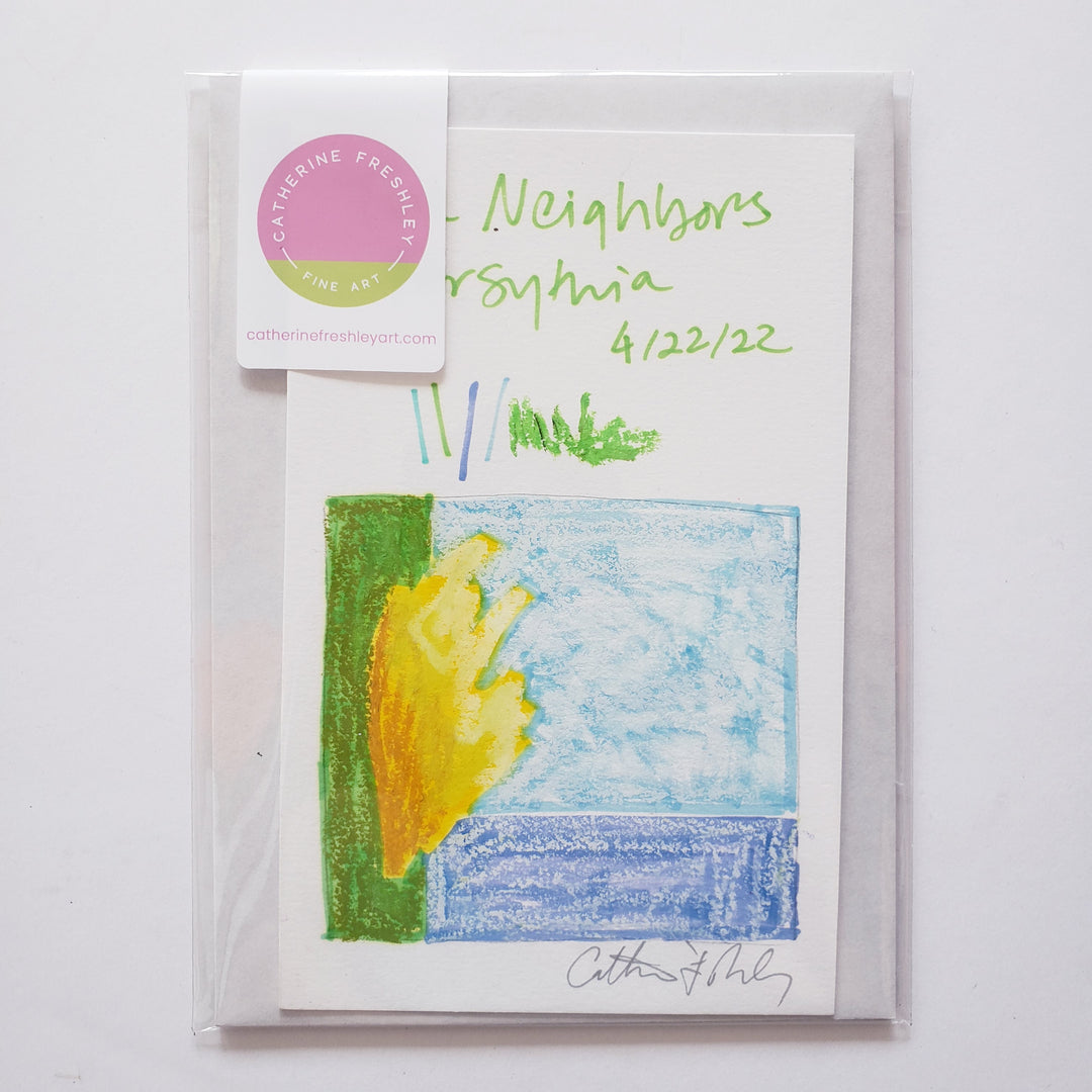 The Neighbor's Forsythia - Original, 4"x6" mixed media drawing