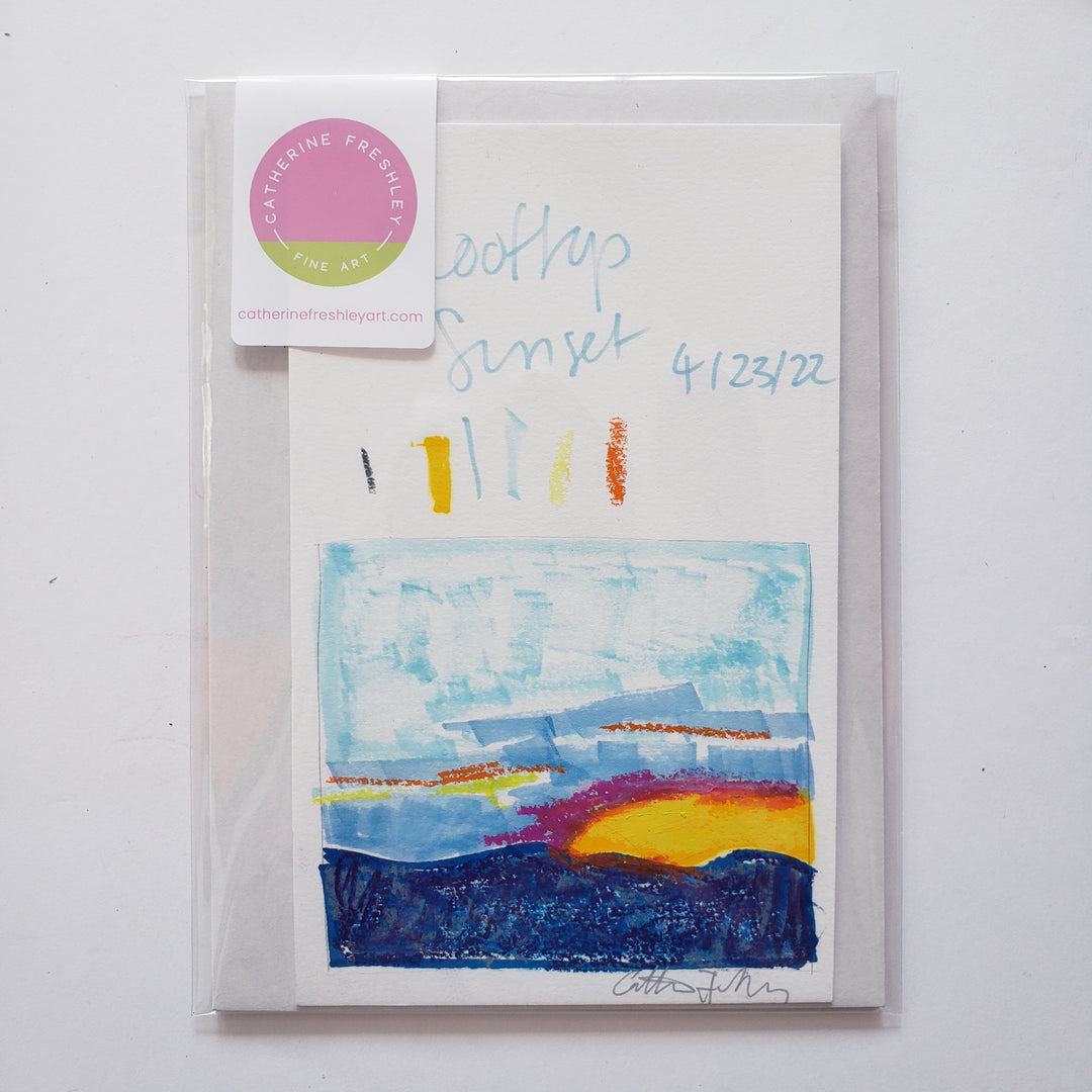 Rooftop Sunset - Original, 4"x6" mixed media drawing