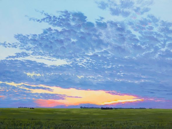 A landscape painting of a colorful sunset over a green prairie.
