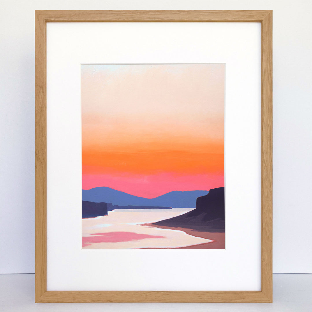 Framed art print of river gorge at sunset with pink and orange sky.
