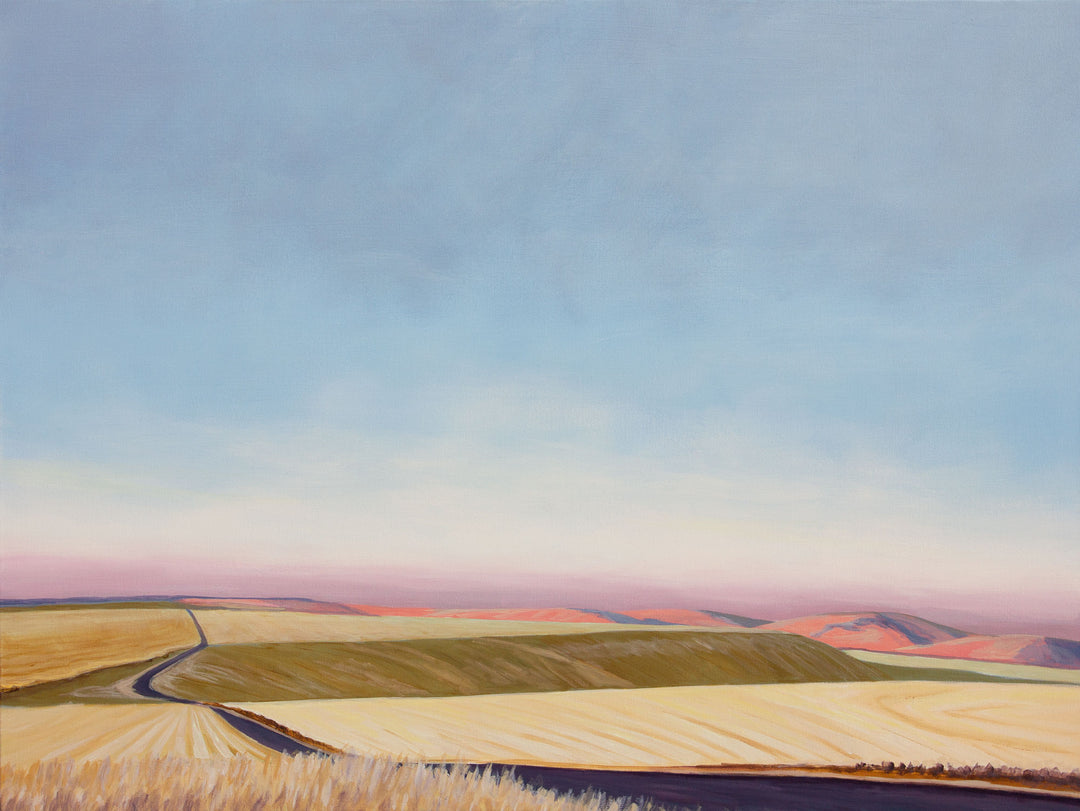 A horizontal landscape painting showing rolling hills and an evening sky.
