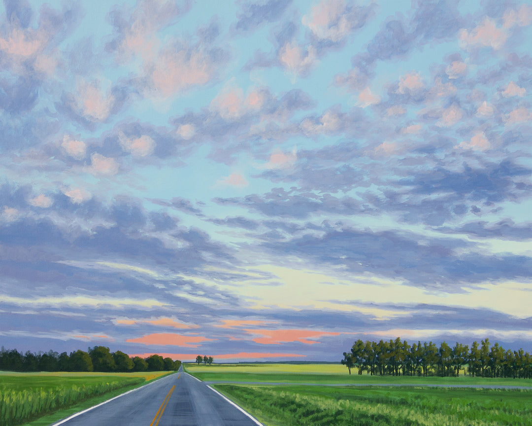 A horizontal landscape painting showing a country scene with green fields, trees on the horizon and a pink and purple pastel sunset.