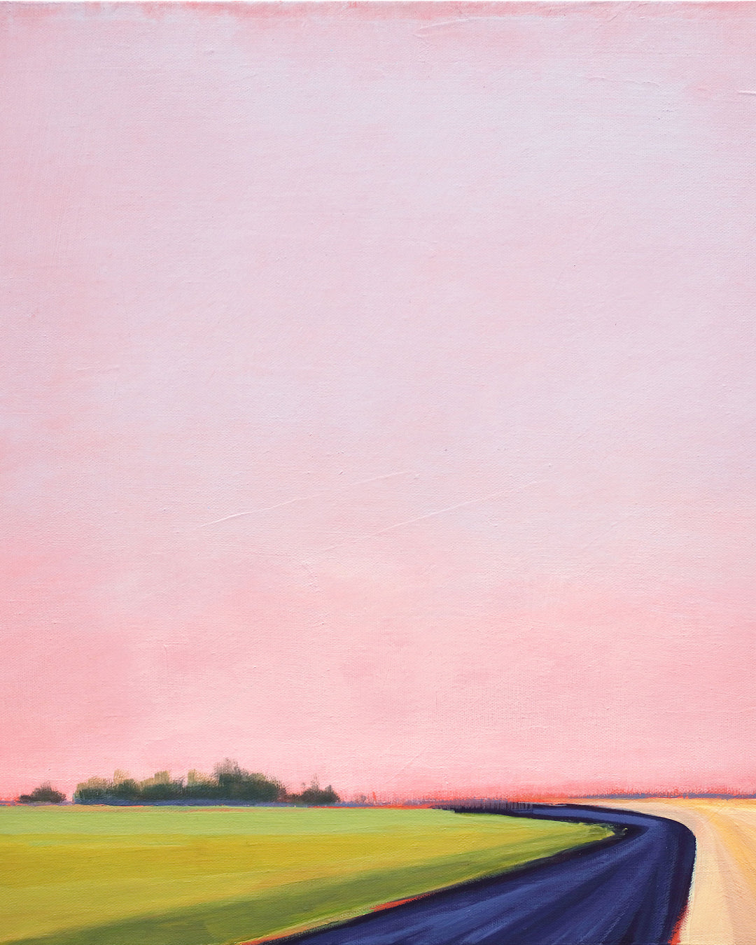 Abstract scene of a curvy country road with green fields and a pink sky.