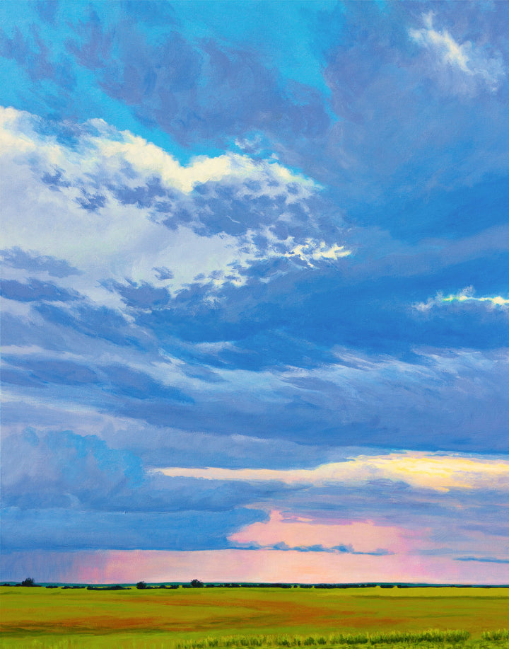 A vertical painting of a summer storm in the distance. Green fields, colorful sky.