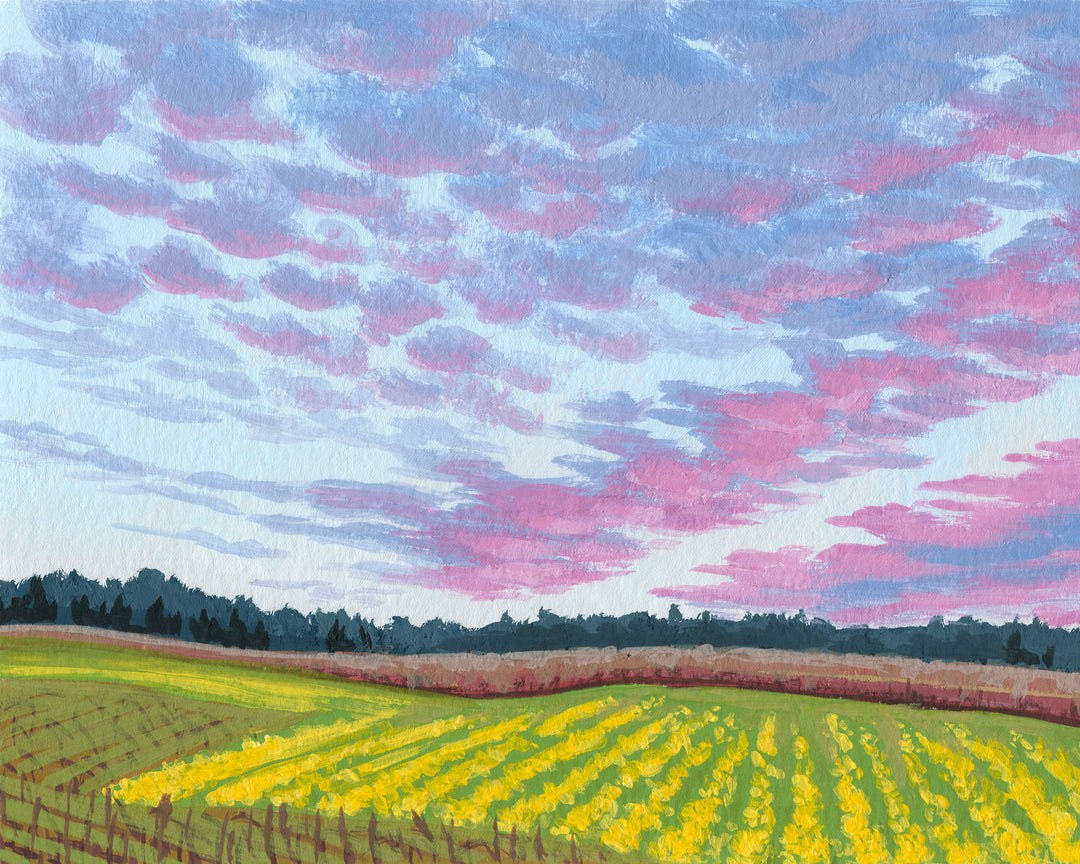 A horizontal landscape painting of a pink and purple sunset and yellow crops.