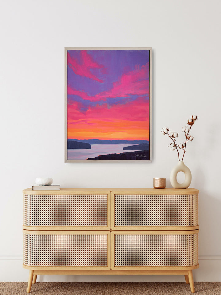 Sunset Over the River - Framed Canvas Print