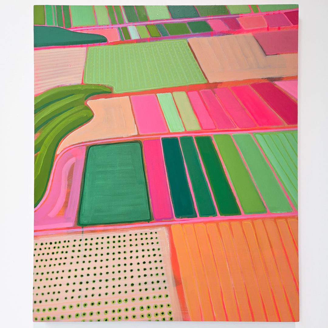A colorful abstract painting depicting geometric fields and patches in shades of pink, green, orange, beige, and blue, presented on a white background.