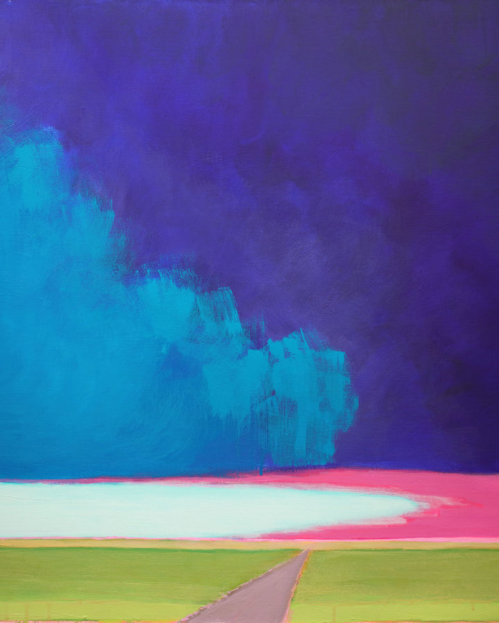 Abstract landscape painting with a big stormy sky. The painting has bright pink, green and blue.