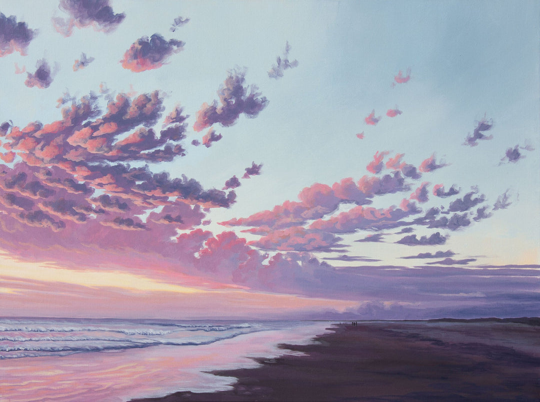 A landscape painting showing an ocean beach with a pink and purple sunset. 