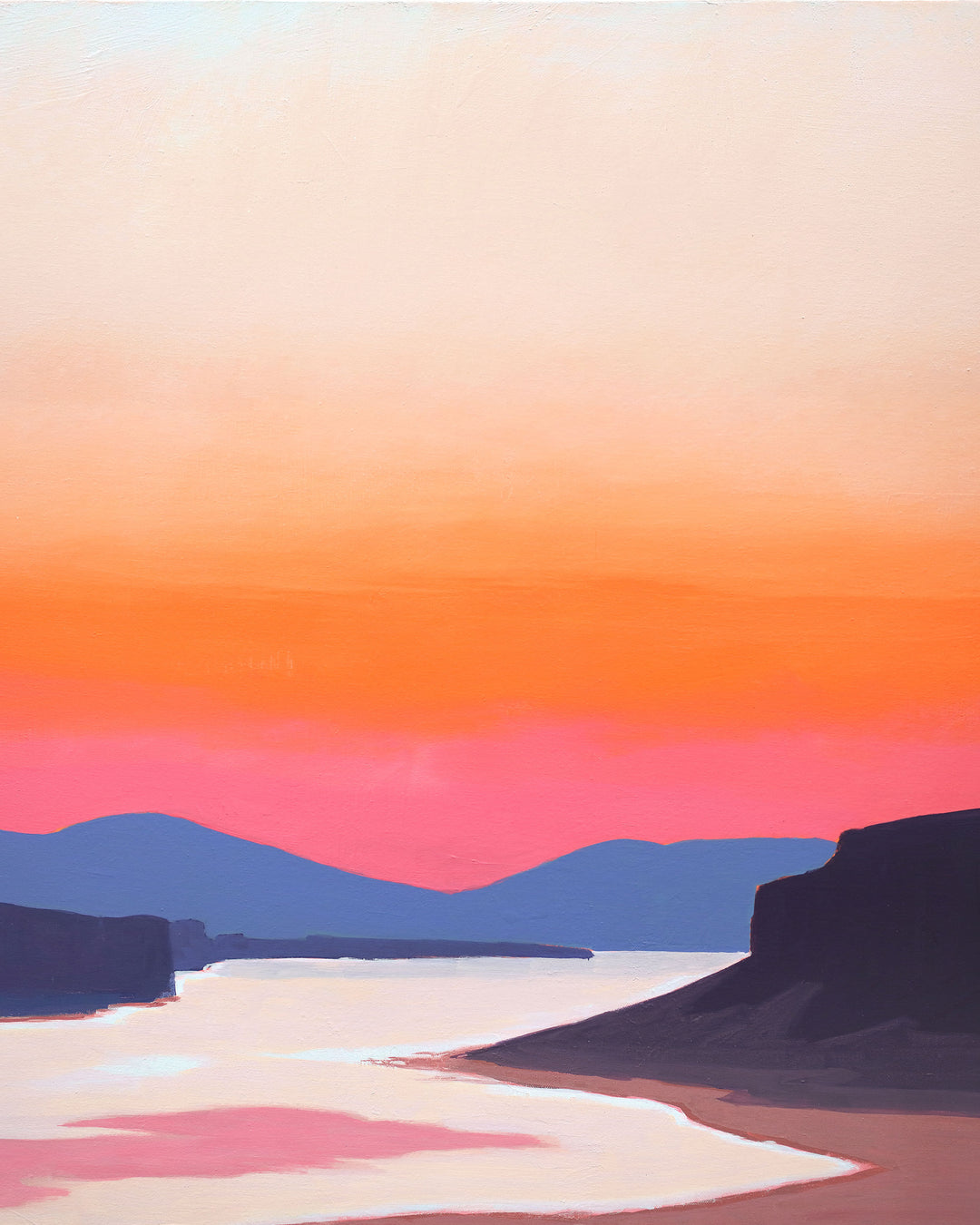 Abstract art print of a river gorge at sunset with pink and orange sky.