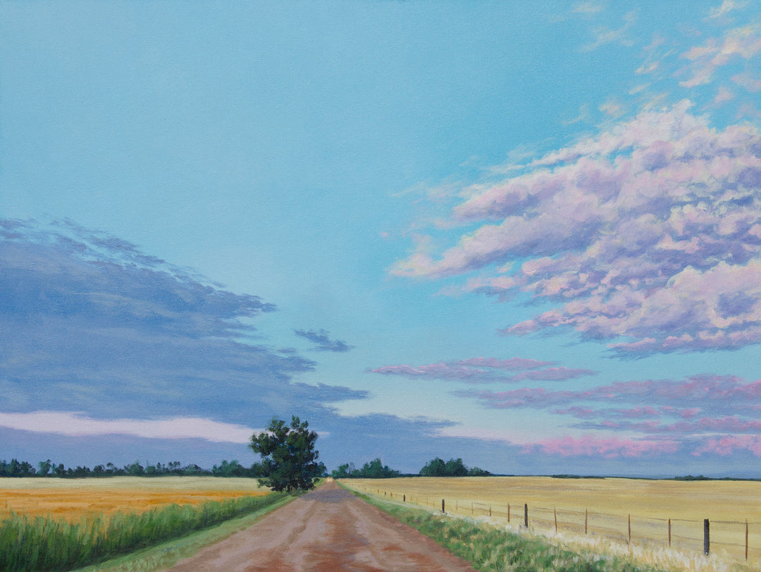 A horizontal painting showing a dirt road, end-of-summer fields and a pastel sunset.