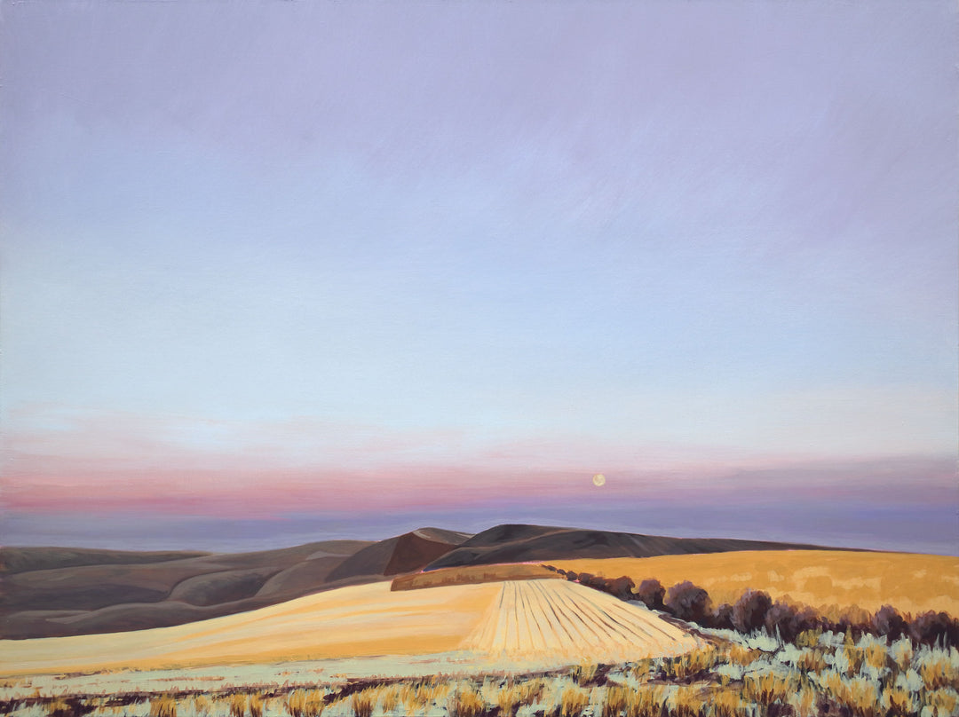A contemporary landscape painting with rolling hills, wheat fields, and a rising moon.