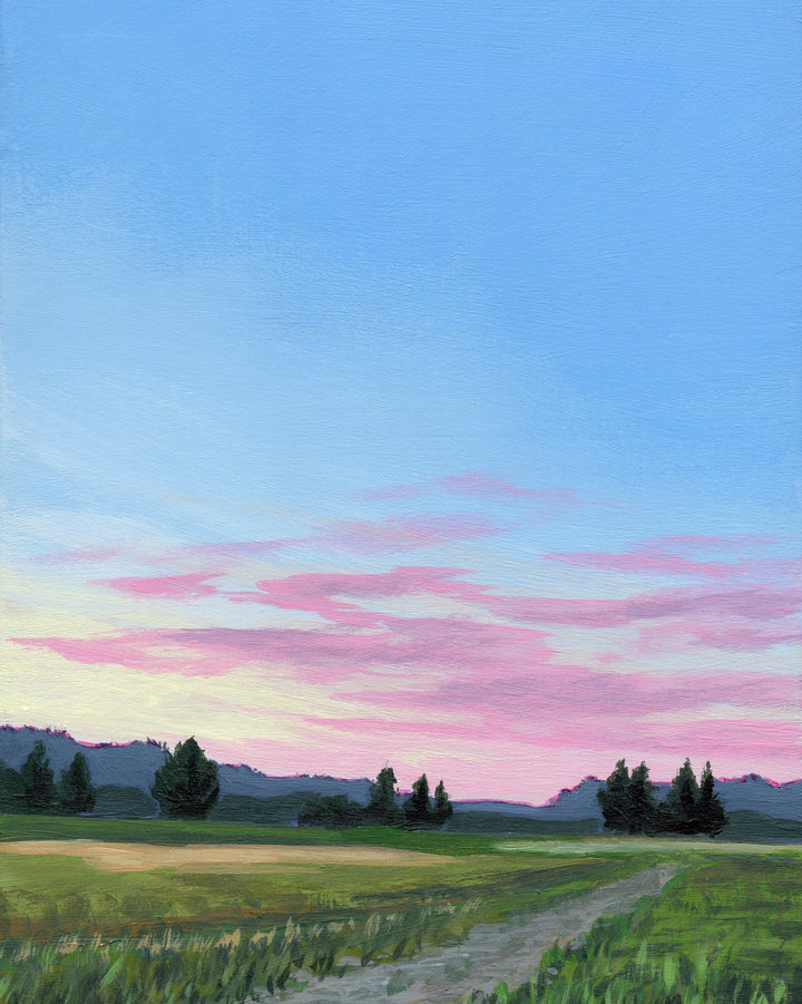 A vertical painting of a landscape showing a dirt road with mountains in the distance and a sunset sky.