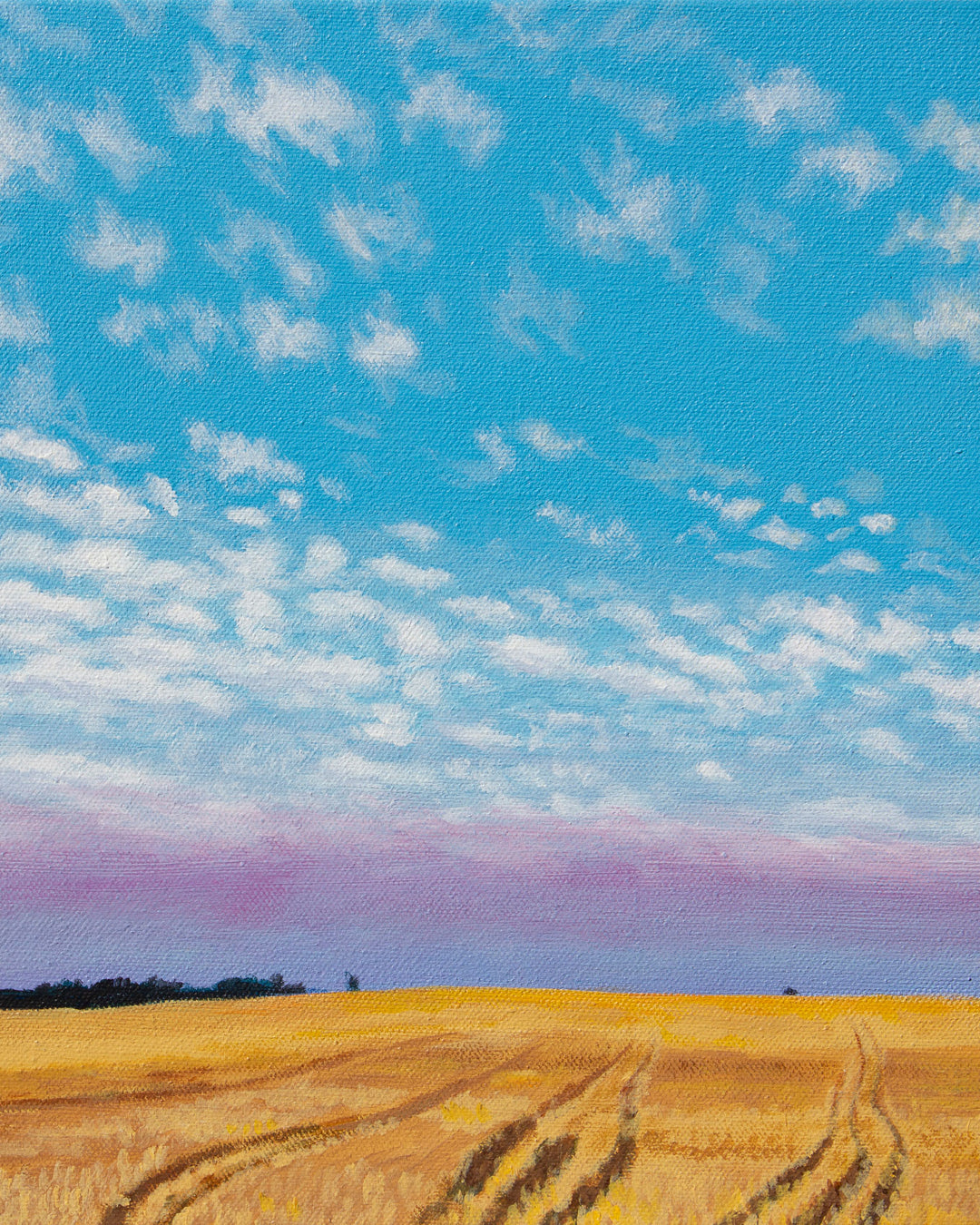 A vertical painting of freshly-cut wheat fields in the evening.