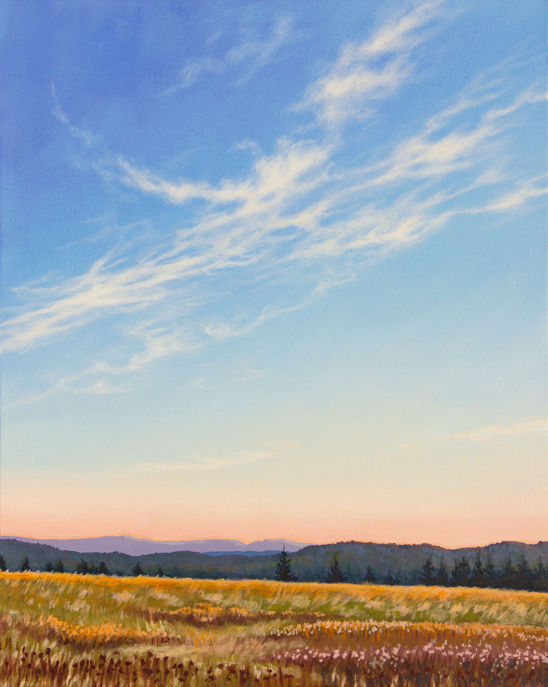 Painting of an evening sky with mountains in the distance and fields in the foreground.