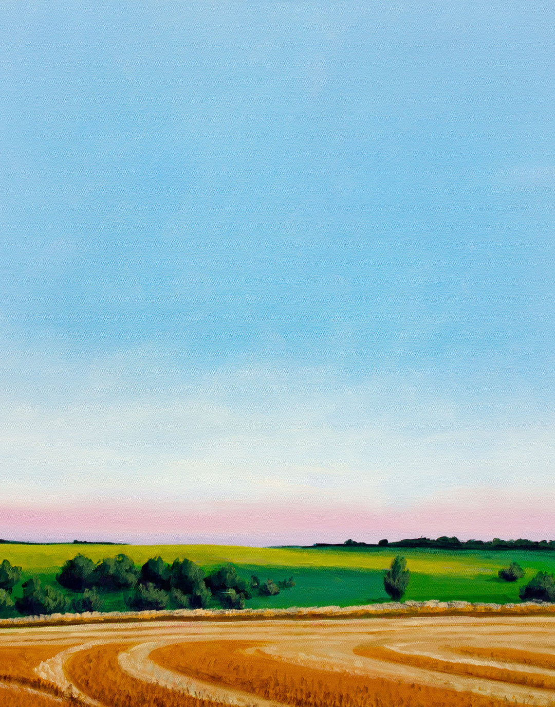 Vertical painting of wheat field, green hill and pink and blue sky.