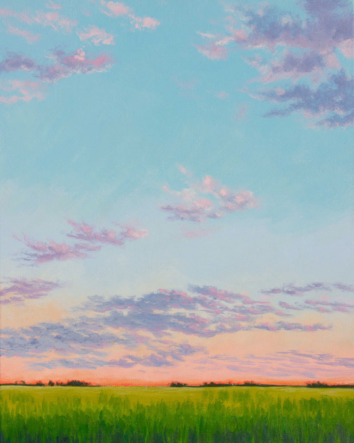 A vertical painting of a peaceful evening sunset with pastel blues, pinks, greens, purples, and oranges.