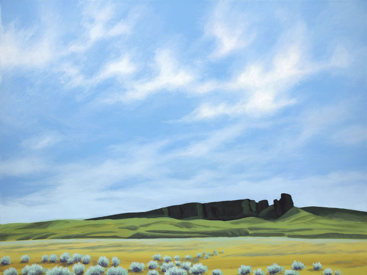 Horizontal landscape painting showing a green field, a rock formation on the horizon, and a blue sky with wispy clouds.