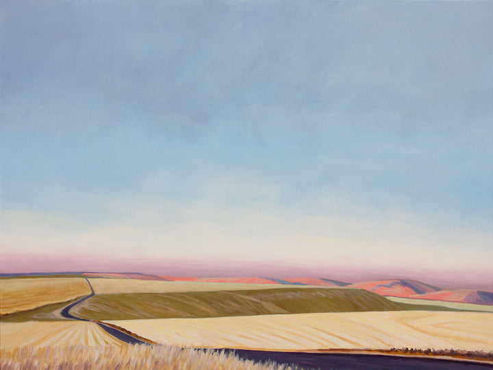A horizontal landscape painting showing rolling hills and an evening sky.