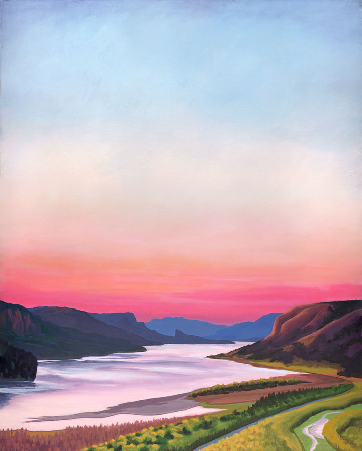 Vertical landscape painting showing a graphic river gorge at sunset.