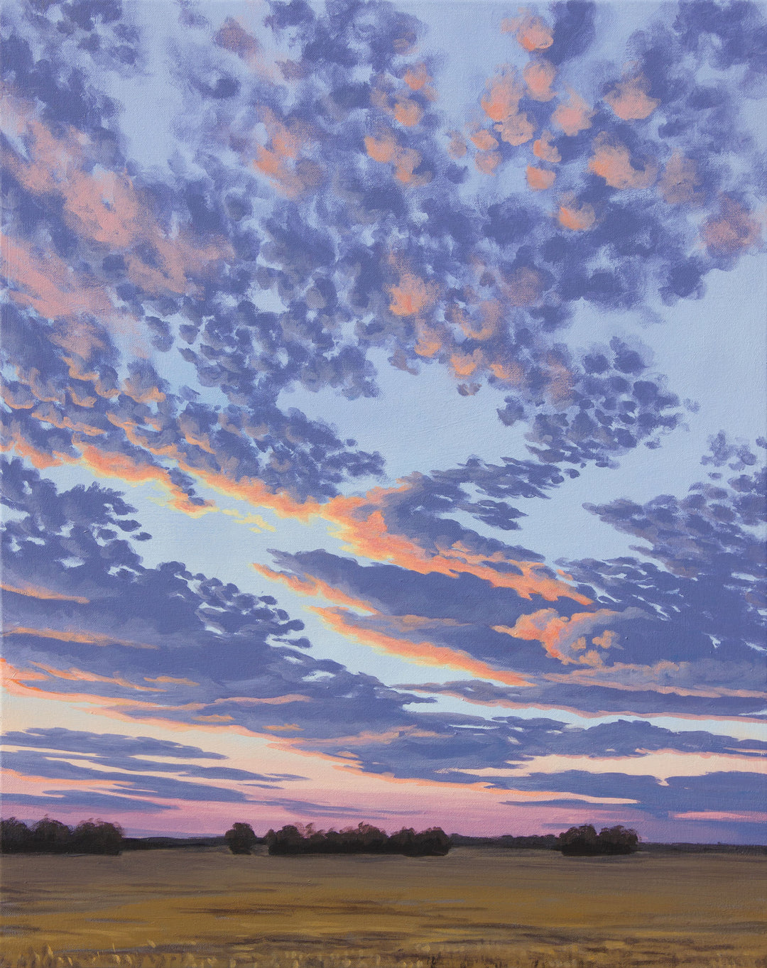 Vertical landscape painting of a prairie sunset with purple, pink, and orange clouds.