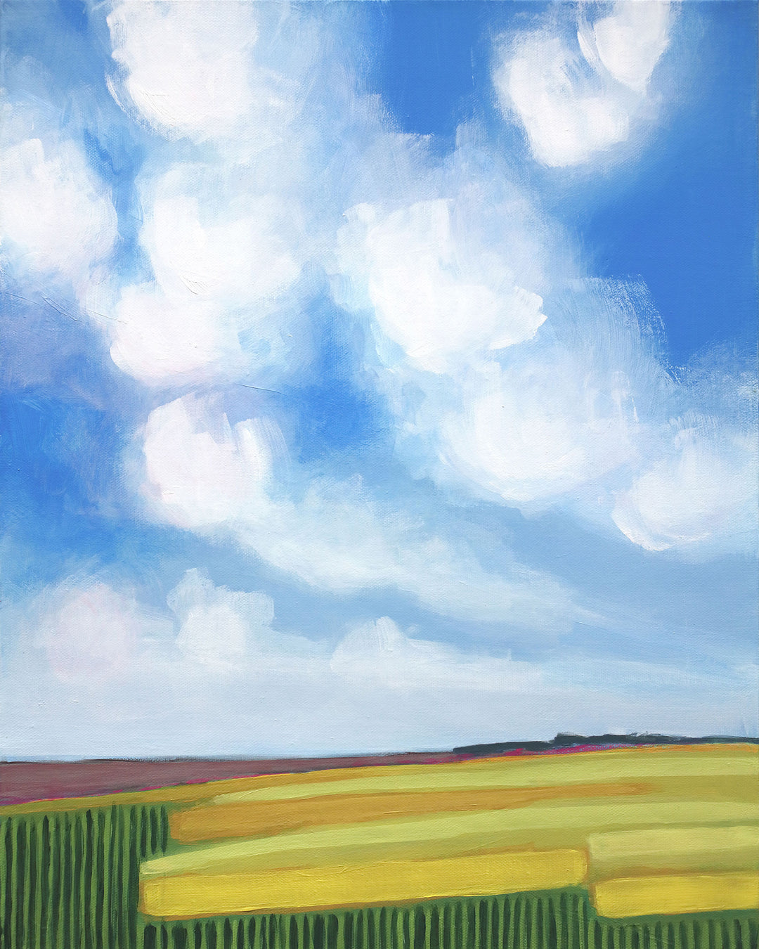 Abstract landscape painting with green and yellow crops, a blue sky and puffy, white clouds.
