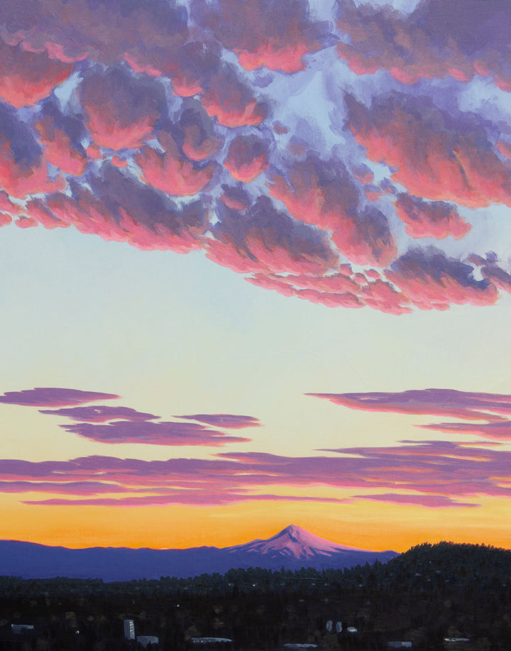 A vertical landscape painting showing sunrise over a mountain with a city in the foreground.