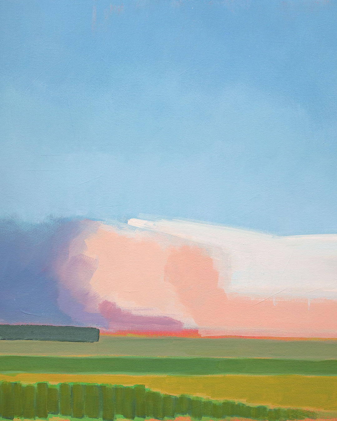 Abstract painting of a green field with pink, purple, and blue clouds in the sky.
