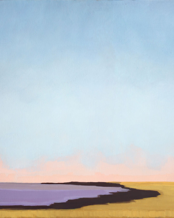 Abstract landscape scene with purple water, tan shore, and pink and blue sky.