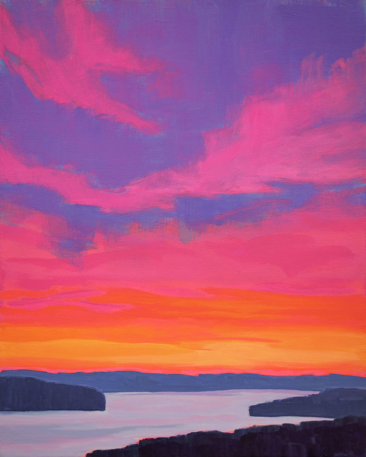 A vertical landscape painting showing a vibrant pink, orange, and purple sunset over a river. 