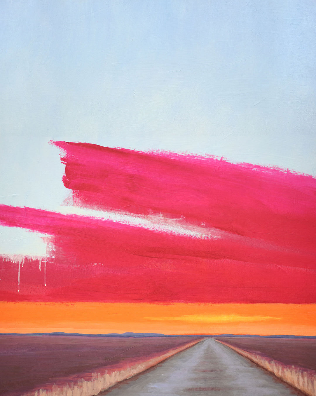 A painting showing a dirt road and a bright orange and pink sunset.