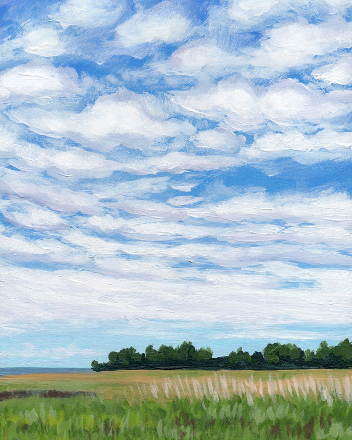 Vertical landscape painting of green field and trees with blue sky and white, puffy clouds.