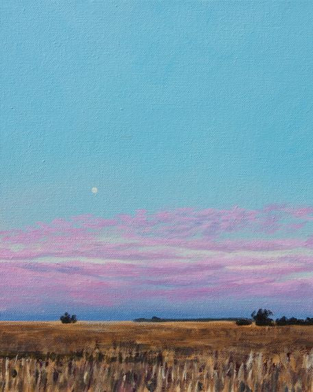 A vertical painting showing the moon and pink clouds over a farm at dawn.