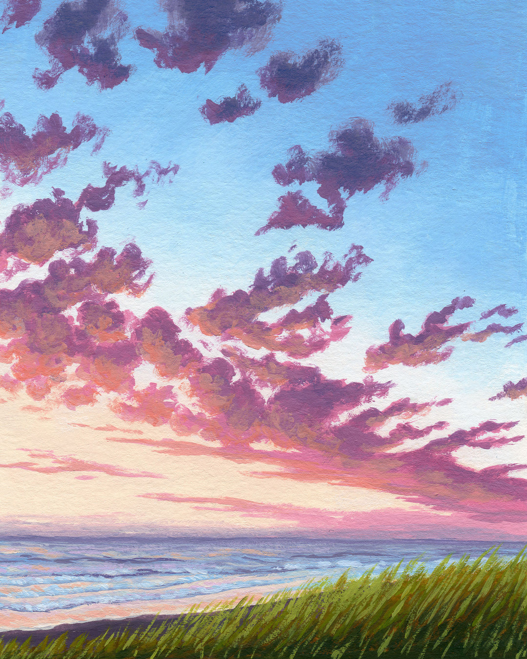 A vertical painting of a colorful sunset over the beach. Dune grass in the foreground.