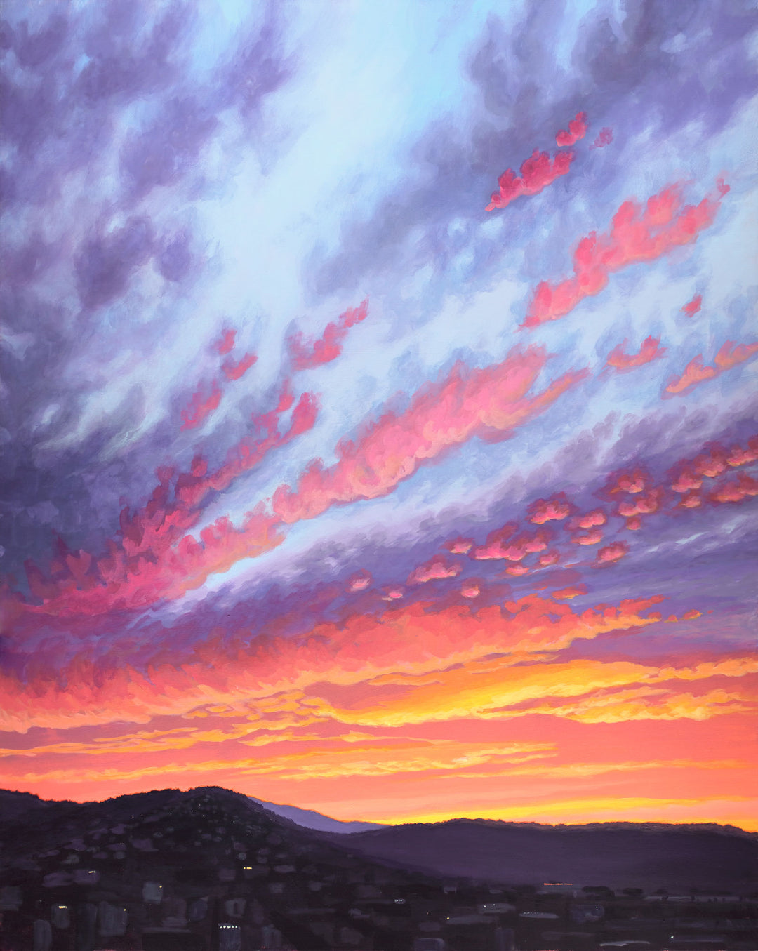 Art print of a vibrant sunset over mountains. 