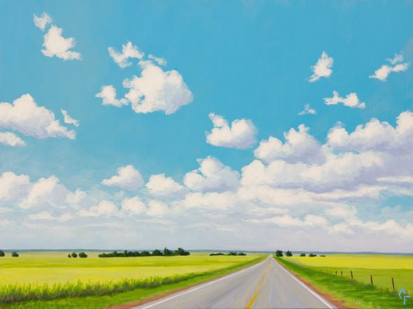A landscape painting showing a two-lane road with green fields on both sides, a blue sky, and white puffy clouds.